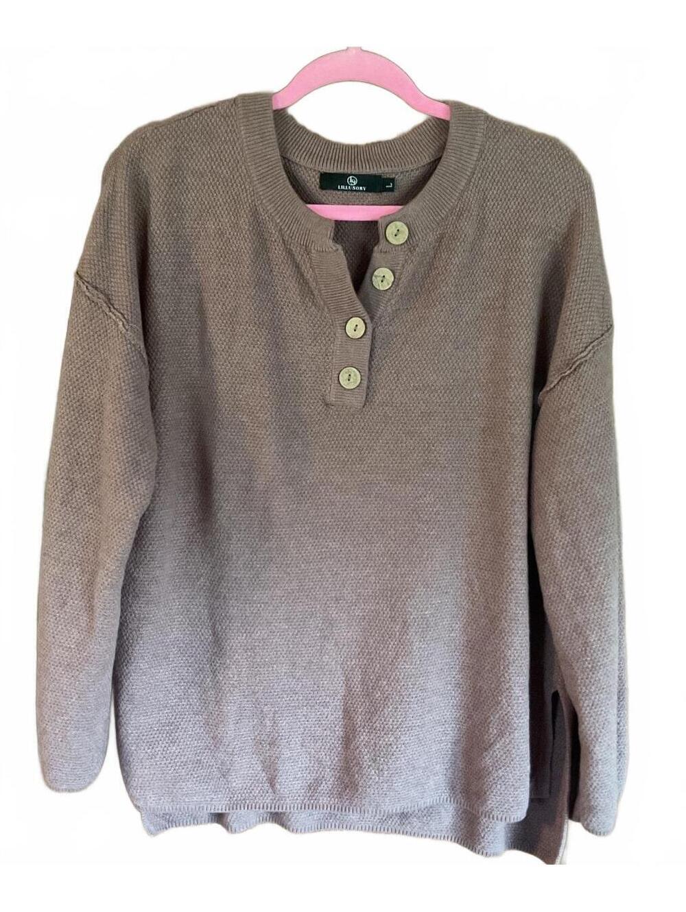 Lillusory Oversized Large Button Accent Neckline Brown Knit Dolman Sleeve